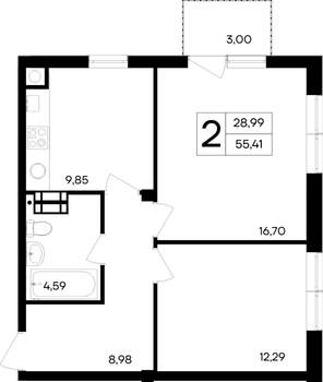 2-к квартира, строящийся дом, 55м2, 4/4 этаж