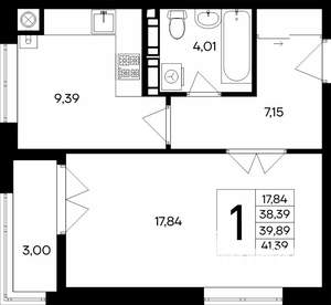 1-к квартира, строящийся дом, 41м2, 2/9 этаж