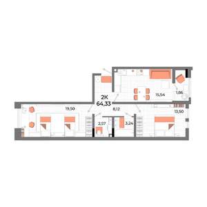 2-к квартира, строящийся дом, 61м2, 4/13 этаж