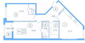 2-к квартира, вторичка, 63м2, 2/13 этаж