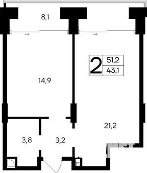2-к квартира, строящийся дом, 51м2, 7/12 этаж