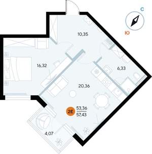 1-к квартира, строящийся дом, 57м2, 6/9 этаж
