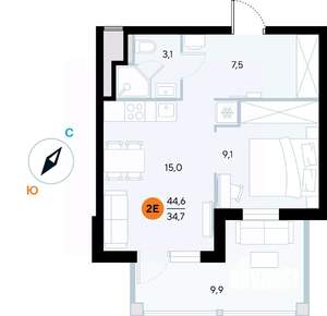 1-к квартира, строящийся дом, 44м2, 5/7 этаж
