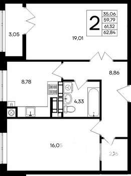 2-к квартира, строящийся дом, 63м2, 7/9 этаж