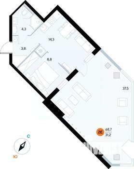1-к квартира, строящийся дом, 68м2, 1/7 этаж