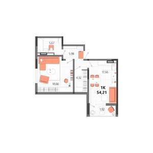 1-к квартира, строящийся дом, 54м2, 10/13 этаж