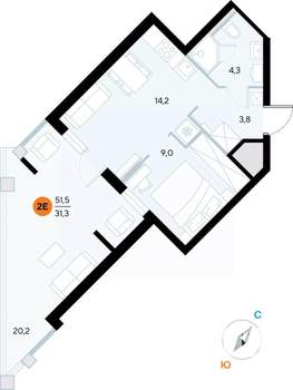 1-к квартира, строящийся дом, 51м2, 2/7 этаж