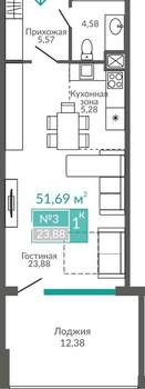 1-к квартира, вторичка, 52м2, 2/9 этаж