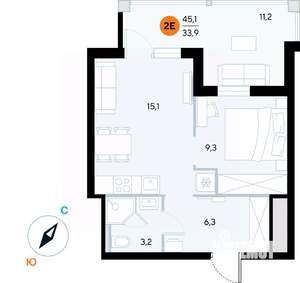 1-к квартира, строящийся дом, 45м2, 3/7 этаж