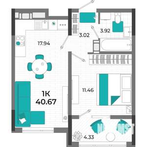 1-к квартира, вторичка, 46м2, 7/13 этаж