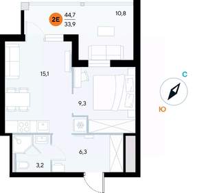 1-к квартира, строящийся дом, 45м2, 2/7 этаж