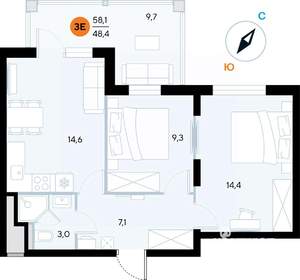 2-к квартира, строящийся дом, 58м2, 6/7 этаж