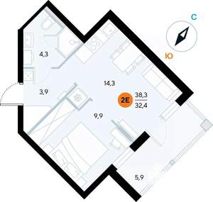 1-к квартира, строящийся дом, 38м2, 6/7 этаж