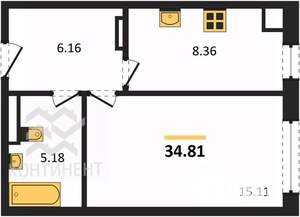 1-к квартира, вторичка, 35м2, 1/4 этаж