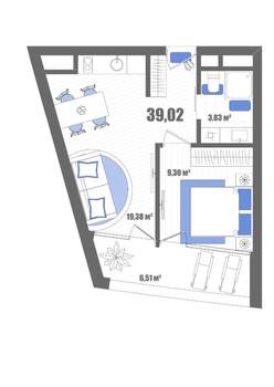 1-к квартира, строящийся дом, 39м2, 2/22 этаж