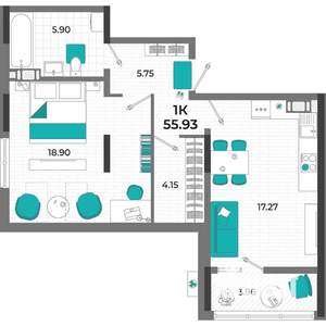 1-к квартира, вторичка, 56м2, 9/13 этаж