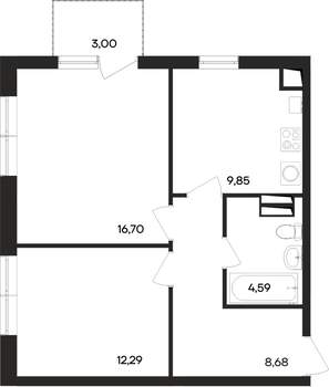 2-к квартира, строящийся дом, 55м2, 4/4 этаж