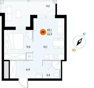2-к квартира, строящийся дом, 45м2, 4/7 этаж