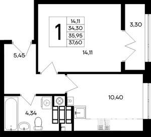 1-к квартира, строящийся дом, 40м2, 4/9 этаж