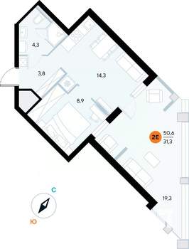 1-к квартира, строящийся дом, 50м2, 2/7 этаж