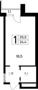 1-к квартира, строящийся дом, 26м2, 3/12 этаж