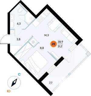 1-к квартира, строящийся дом, 39м2, 5/7 этаж