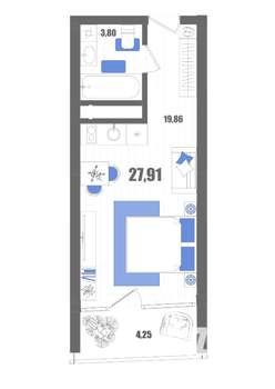 Студия квартира, строящийся дом, 28м2, 16/22 этаж