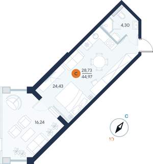 Студия квартира, строящийся дом, 45м2, 1/9 этаж