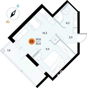 1-к квартира, строящийся дом, 39м2, 5/7 этаж