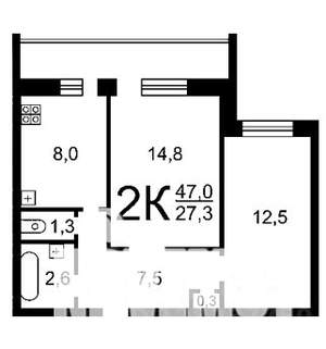 2-к квартира, вторичка, 47м2, 6/14 этаж