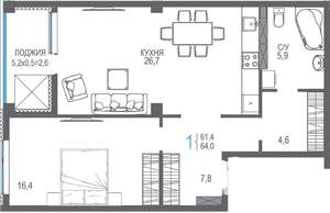 1-к квартира, строящийся дом, 67м2, 5/9 этаж