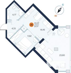 1-к квартира, строящийся дом, 57м2, 1/9 этаж