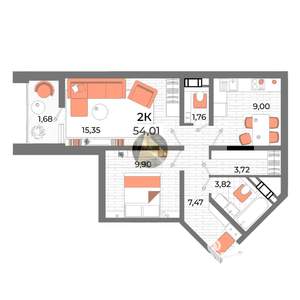 2-к квартира, вторичка, 54м2, 8/13 этаж