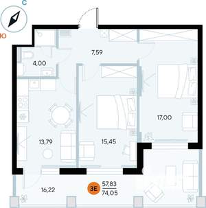 2-к квартира, строящийся дом, 74м2, 5/9 этаж