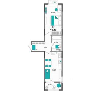 1-к квартира, вторичка, 46м2, 4/13 этаж