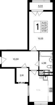 1-к квартира, строящийся дом, 47м2, 4/9 этаж