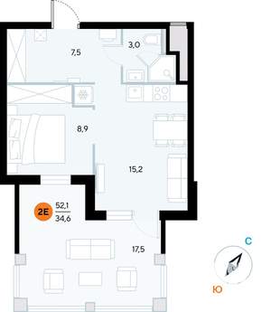 1-к квартира, строящийся дом, 52м2, 2/7 этаж