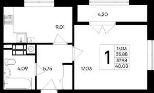 1-к квартира, строящийся дом, 41м2, 6/9 этаж