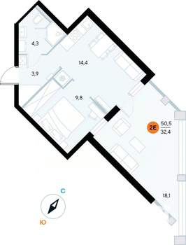 1-к квартира, строящийся дом, 50м2, 2/7 этаж