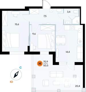 2-к квартира, строящийся дом, 71м2, 2/7 этаж