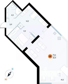 1-к квартира, строящийся дом, 73м2, 1/7 этаж