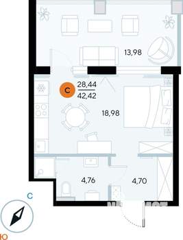Студия квартира, строящийся дом, 42м2, 6/7 этаж