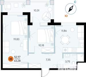 2-к квартира, строящийся дом, 63м2, 7/9 этаж