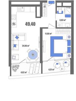 1-к квартира, вторичка, 49м2, 4/22 этаж