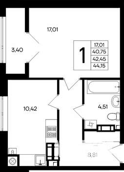 1-к квартира, строящийся дом, 44м2, 6/8 этаж