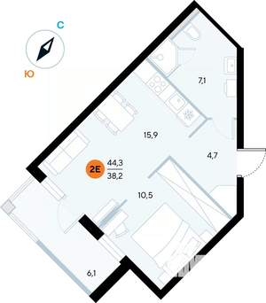 1-к квартира, строящийся дом, 44м2, 4/7 этаж
