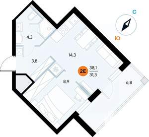 1-к квартира, строящийся дом, 38м2, 6/7 этаж