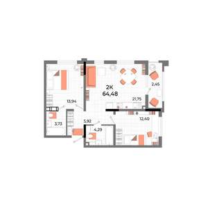 2-к квартира, строящийся дом, 62м2, 1/13 этаж