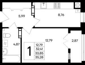 1-к квартира, строящийся дом, 35м2, 1/8 этаж