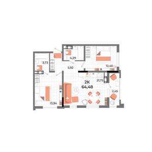 2-к квартира, строящийся дом, 62м2, 7/13 этаж